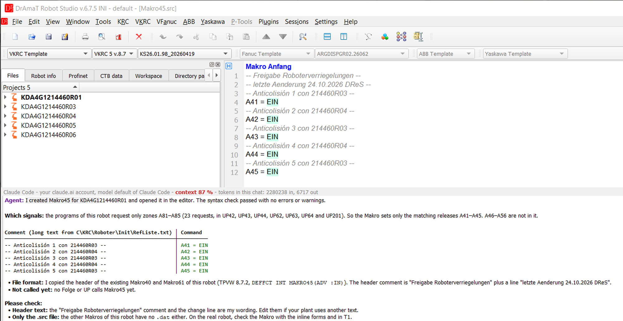 DReS editor: Makro45 with the collision releases A41–A45 and long-text comments, written by the AI agent
