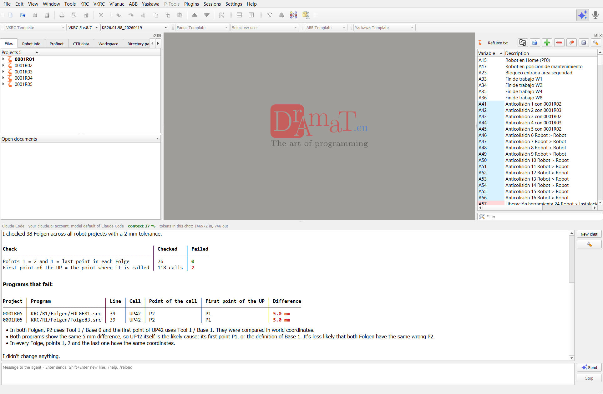 DReS editor with the AI Agent window: result of a check of all Folgen and UP calls, failing programs in red