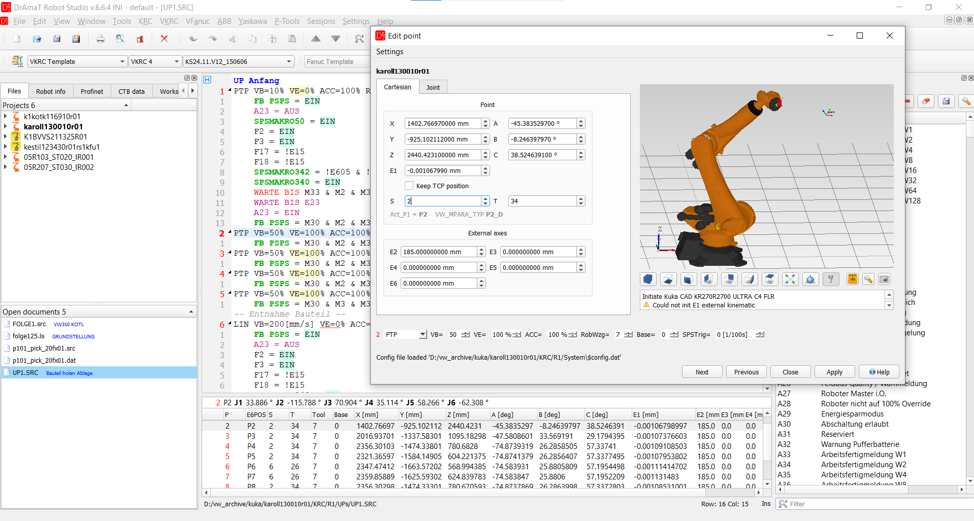 DReS editor: VKRC source code, the point editor and the 3D KUKA model side by side