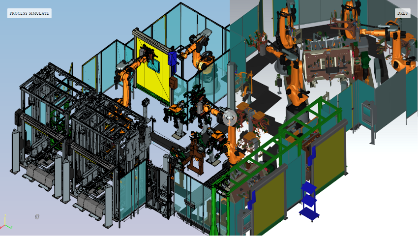 Process Simulate PSZ viewer showing a full 3D production cell with robots and fixtures