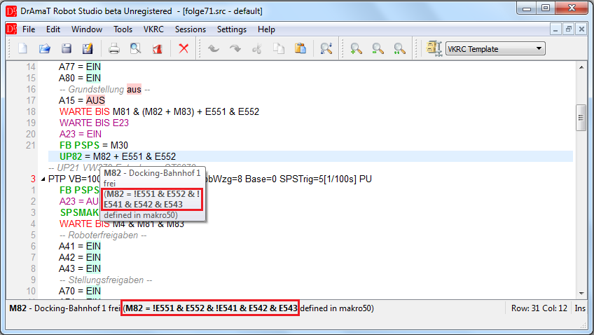 Explanation of merkers, flags and outputs defined in user macros