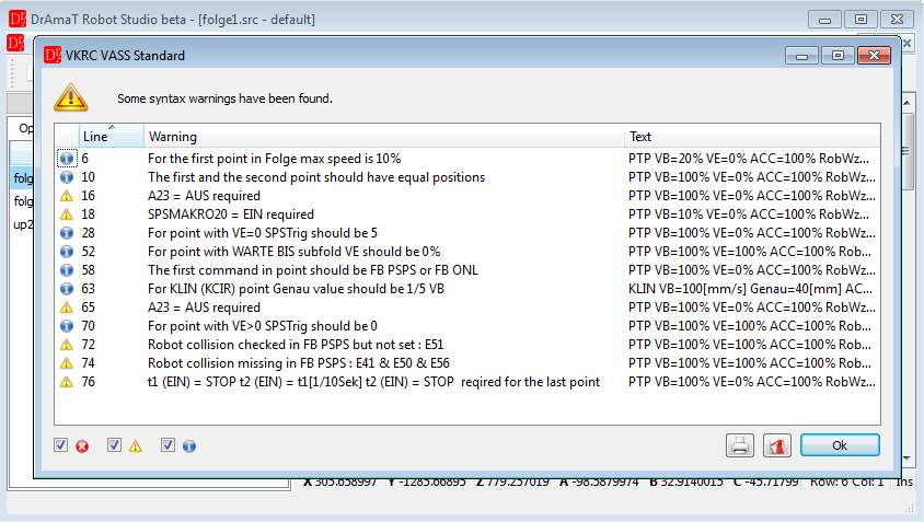 DReS listing VASS Standard syntax warnings for the open robot program